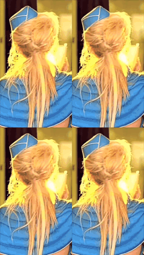 a collage of four images of a woman wearing a blue hat