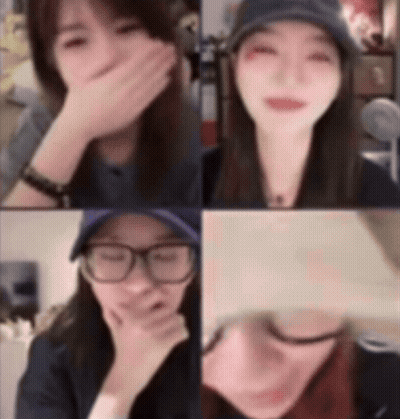 A Collage Of Four Pictures Of A Woman Covering Her Face With Her Hand GIF