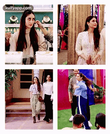 A Collage Of Four Pictures Of A Woman In A White Dress GIF