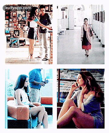 A Collage Of Four Pictures Of A Woman Sitting On A Couch And A Woman Walking Down A Hallway . GIF