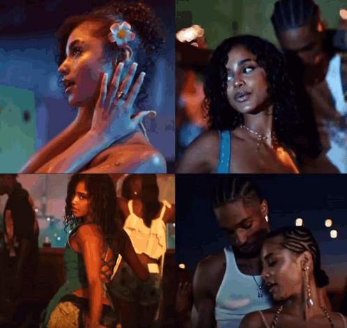 A Collage Of Four Pictures Of A Woman With A Flower In Her Hair And A Man In A White Tank Top GIF