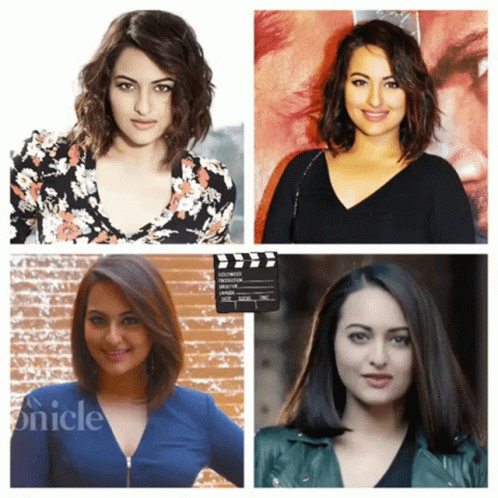 A Collage Of Four Pictures Of A Woman With The Word Onicle On The Bottom Right GIF