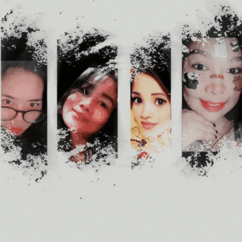 A Collage Of Four Women 'S Faces Including One With A Panda On Her Face GIF