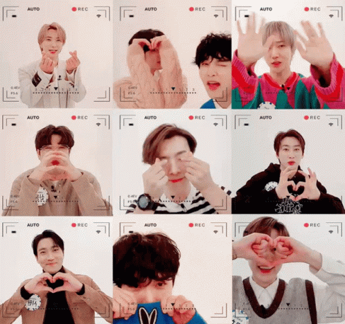 A Collage Of Images Of A Man Making A Heart With His Hands GIF