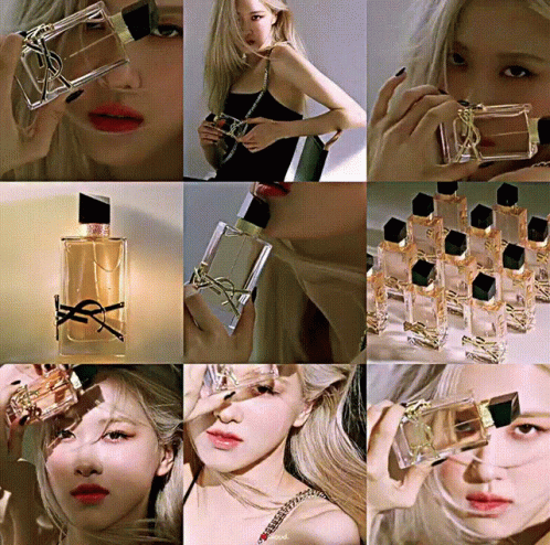 A Collage Of Images Of A Woman Holding A Bottle Of Perfume GIF