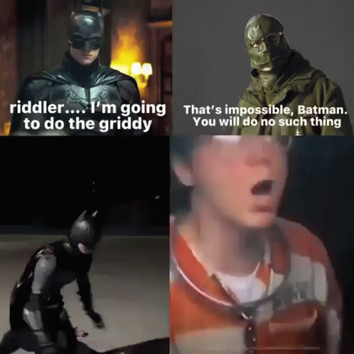 A Collage Of Images With The Caption " Riddler ... I 'M Going To Do The Griddy " GIF