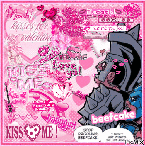 A Collage Of Images With The Words Kiss Me And Beefcake On It GIF