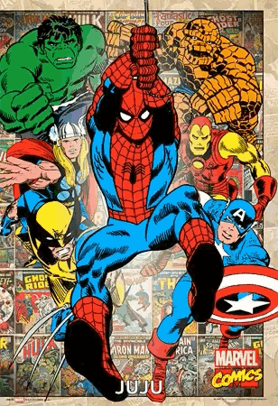A Collage Of Marvel Comics Characters Including Spider Man , Captain America , Iron Man , Wolverine And The Hulk GIF