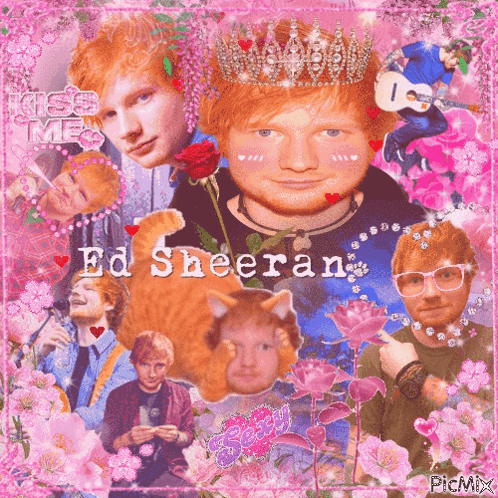 A Collage Of Photos Of Ed Sheeran With Flowers And Hearts On A Pink Background GIF