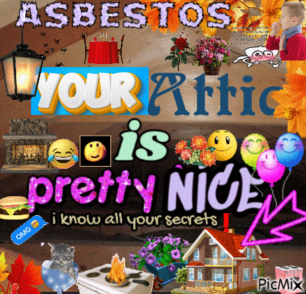 A Collage Of Pictures With The Words Asbestos Your Attic Is Pretty Nice GIF