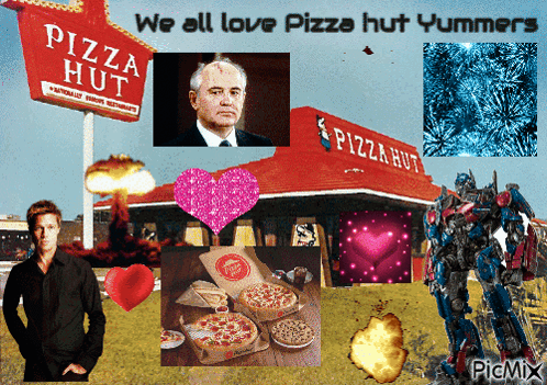 A Collage Of Pictures With The Words We All Love Pizza Hut Yummers At The Top GIF
