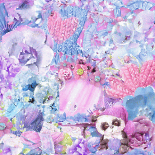 A Collage Of Pink And Blue Flowers With A Panda GIF