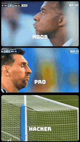 A Collage Of Soccer Players With The Words Noob Pro Hacker On The Bottom GIF