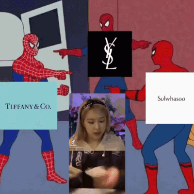 A Collage Of Spiderman Pointing At Tiffany & Co. Sulwhasoo And Ysl GIF