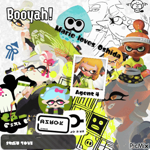 A Collage Of Squid Game Characters With The Words Booyah Marie Loves Oshida And Agent 4 GIF