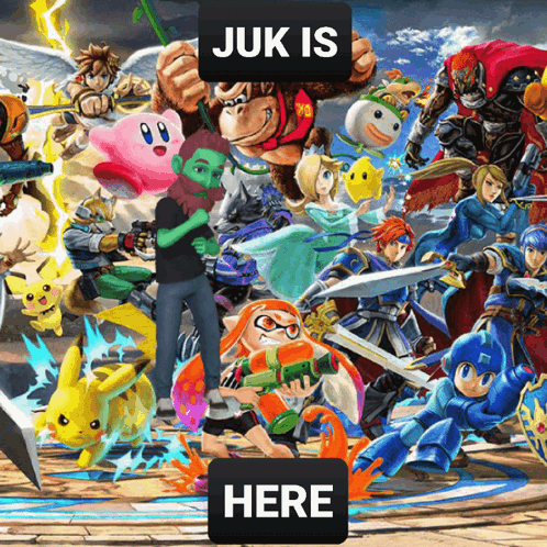 A Collage Of Video Game Characters With The Words " Juk Is Here " At The Top GIF