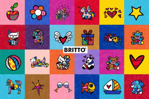 A Collection Of Britto Drawings On A Blue Background GIF