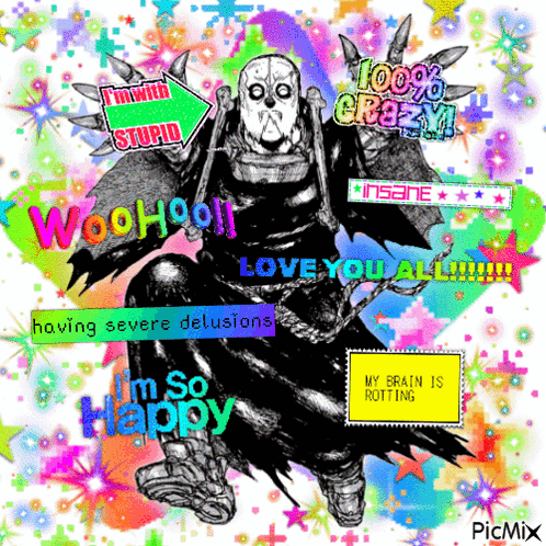 A Colorful Background With A Picture Of A Monster And The Words I 'M So Happy GIF