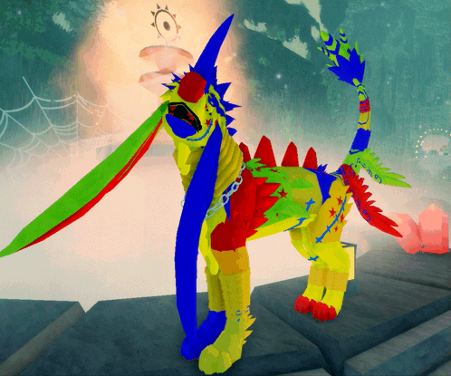 A Colorful Cartoon Character With A Blue Tail GIF