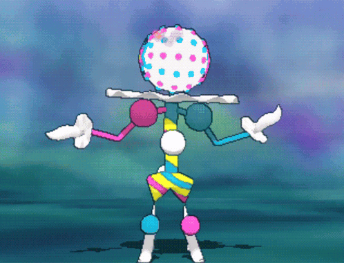 a colorful cartoon character with a polka dot head and arms