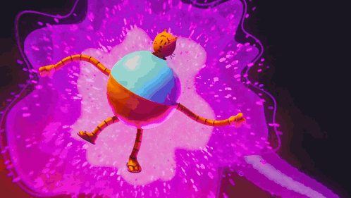 A Colorful Cartoon Character With Arms And Legs Is Floating In A Purple Space GIF