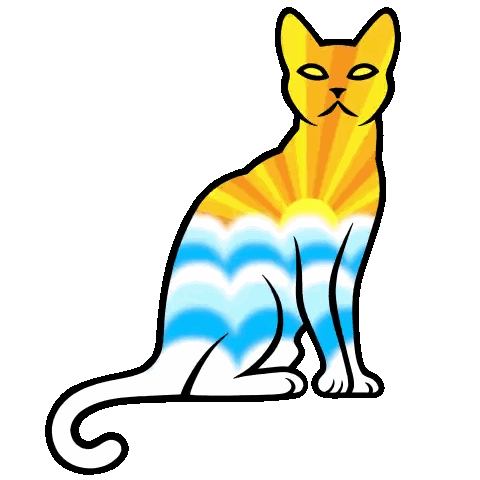 a colorful cat with the sun and ocean on its back