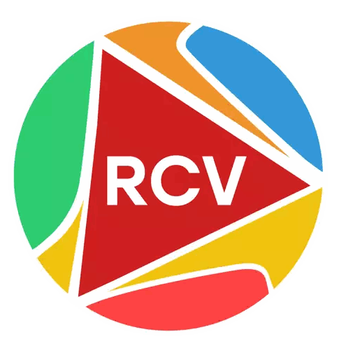 a colorful circle with a red triangle and the word rcv on it