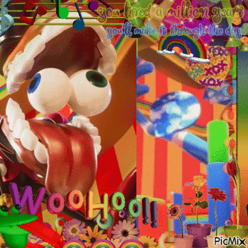 A Colorful Collage With The Words Woohoo On The Bottom Right GIF