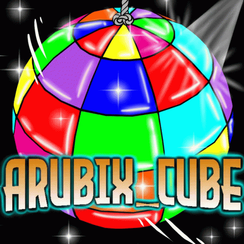 A Colorful Disco Ball With The Words Arubix Cube Written On It GIF
