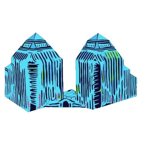 a colorful drawing of a building with a pyramid design