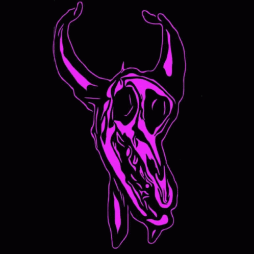 A Colorful Drawing Of A Bull 'S Skull With Horns On A Black Background GIF