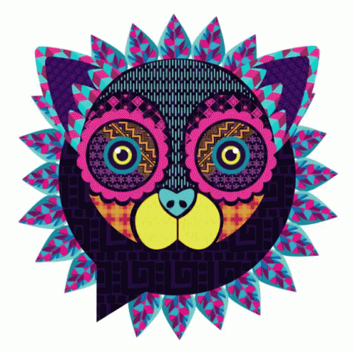 A Colorful Drawing Of A Cat With A Floral Pattern On It 'S Face GIF