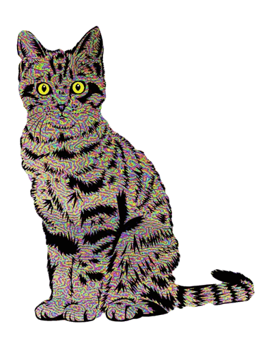 a colorful drawing of a cat with yellow eyes on a white background