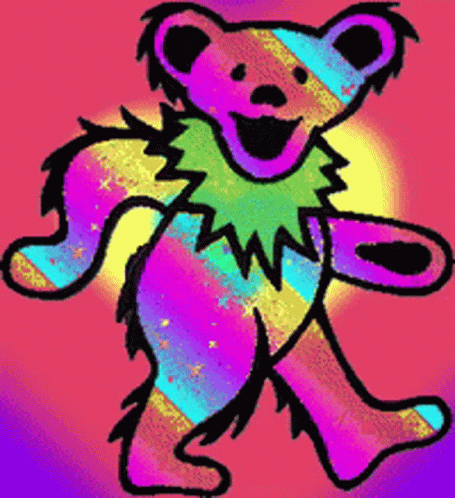 A Colorful Drawing Of A Dancing Bear With A Rainbow Background GIF