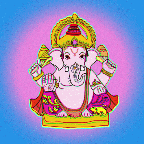 a colorful drawing of a deity with a crown on his head