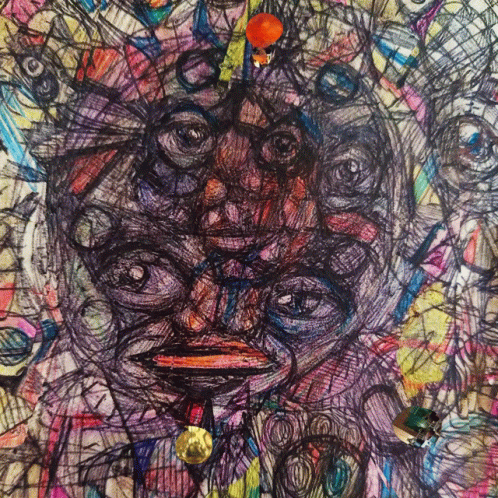 A Colorful Drawing Of A Face With Many Eyes And A Yellow Circle In The Middle GIF