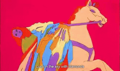 A Colorful Drawing Of A Horse With The Words Lucy In The Sky With Diamonds Below It GIF