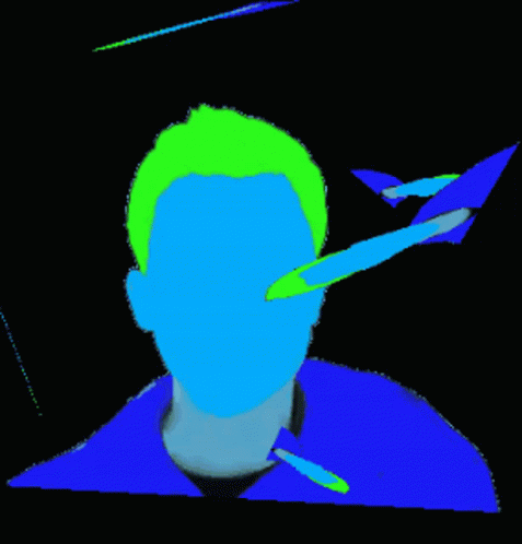 A Colorful Drawing Of A Man 'S Face With A Blue Shirt And Green Hair GIF
