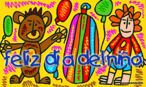 A Colorful Drawing Of A Monkey And A Flower With The Words Feliz Dia Del Nino GIF