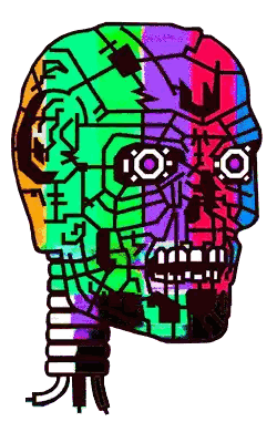 a colorful drawing of a robotic head with the letter n on it