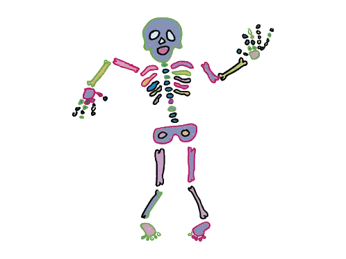 a colorful drawing of a skeleton with a skull on the head