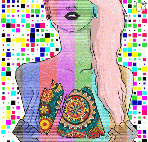 A Colorful Drawing Of A Woman With A Colorful Purse On Her Chest GIF