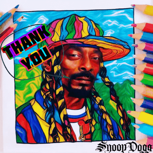 A Colorful Drawing Of Snoop Dogg With The Words Thank You GIF