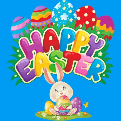 A Colorful Easter Greeting Card With A Bunny And Eggs GIF