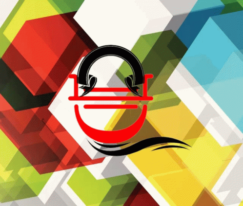 A Colorful Geometric Background With A Red And Black Letter E GIF