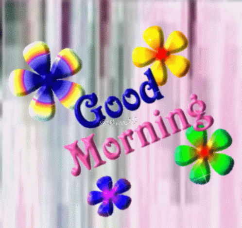 A Colorful Good Morning Greeting Card With Flowers On A Pink Background GIF