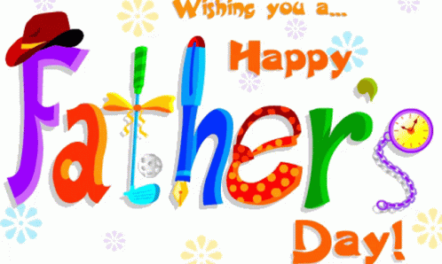 A Colorful Greeting Card For Father 'S Day With A Hat And A Clock GIF