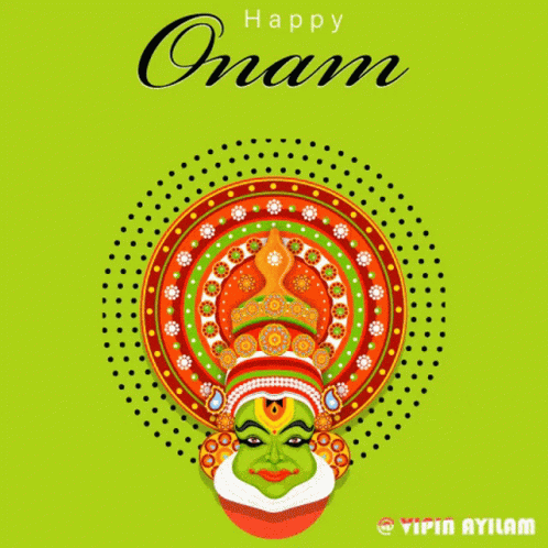 a colorful greeting card for onam with a green face on a green background