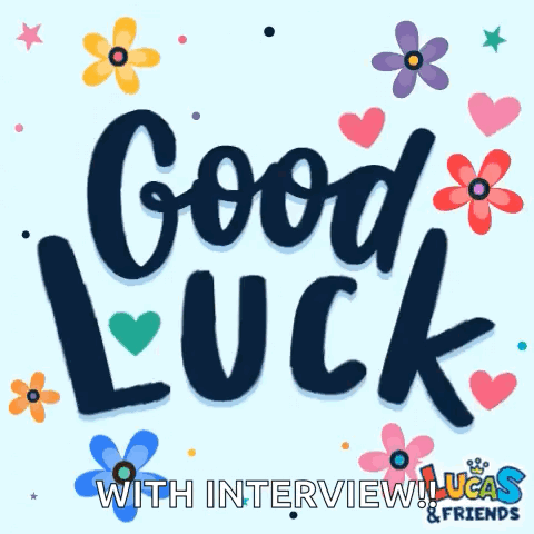 A Colorful Greeting Card That Says Good Luck With Interview Lucas & Friends GIF