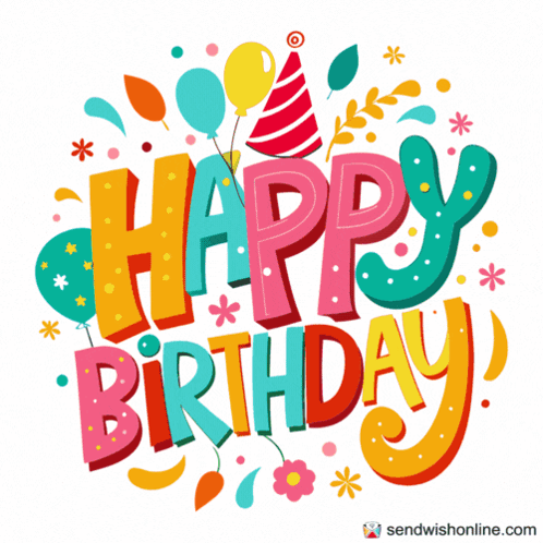 A Colorful Happy Birthday Greeting With Balloons And Flowers GIF